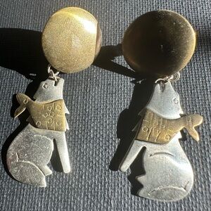 Vintage Silver Tone & Brass Howling Wolf Figural Earrings
